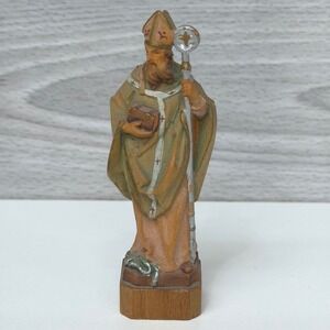 ANRI Italy Hand Carved Wood Saint Figurine Bishop with Staff and Serpent 3 Inch